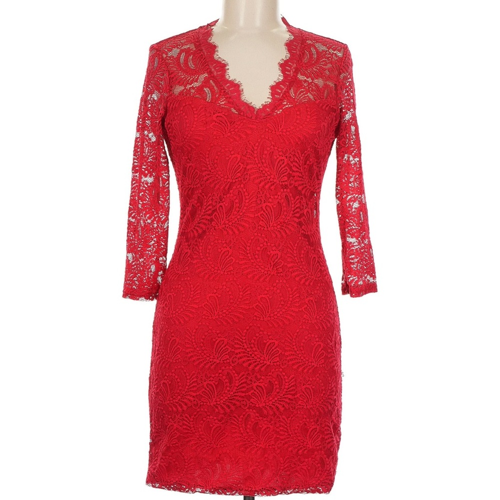 Soieblu Vibrant Red Lace Long Sleeve Dress